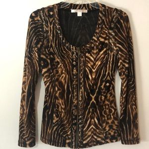 2/$20 SALE Boston Proper Brown Multi Animal Print Zip Up Top